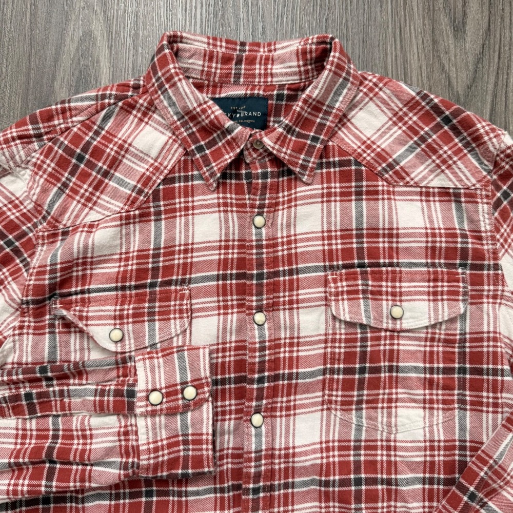 Lucky Brand Mens Plaid Flannel Western Snap Button Shirt Red White M - Picture 1 of 8